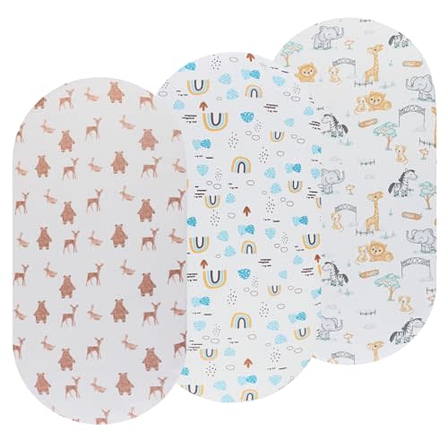 Bassinet Sheets 3 Pack Fitted for Baby Boy and Girl, Stretchy Soft Knitted Baby Sheet Set Universal for Oval Rectangle and Hourglass Bassinet Mattress, Unisex Cute Animal Printing