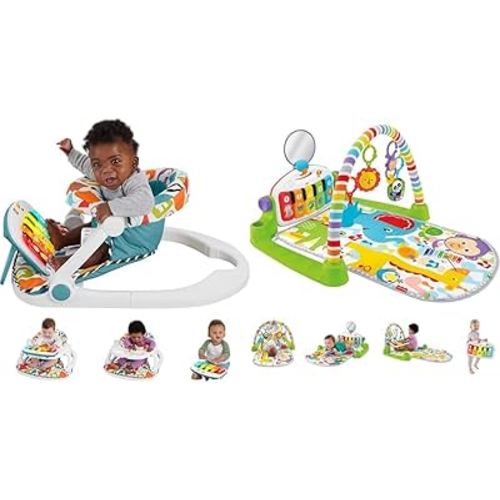 Fisher-Price Baby Portable Chair Deluxe Kick & Play Sit-Me-Up Floor Seat with Piano & Baby Playmat Deluxe Kick & Play Piano Gym with Musical Toy Lights & Smart Stages Learning Content