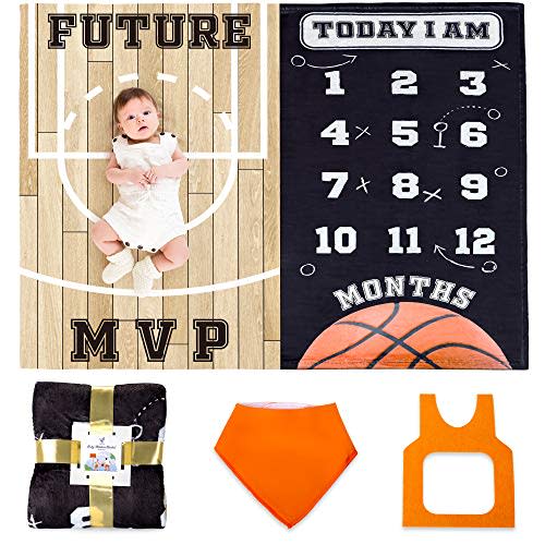 SUKOON Monthly Milestone Blanket for Baby Boy/Girl | Basketball Theme | Includes Frame and Bib | Large | 47"x40" | Personalized Baby Month Blanket for Newborn Baby Shower