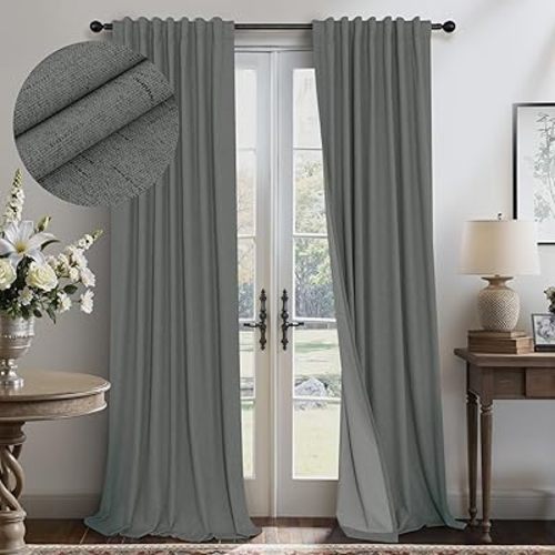 Grey Blackout Curtains for Bedroom 84 Inch Length 2 Panel Linen Textured Thermal Insulated Winter Blocking Darkening Window Drape Black Out Long Curtain for Living Room Sliding Door Back Tab Dark Gray