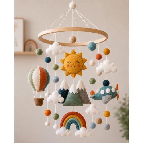 Sunny Sky Baby Mobile, Felt Nursery Mobile, Hot Air Balloon Rainbow Airplane Mobile, Baby Shower Gift, Mountain Nursery Decor
