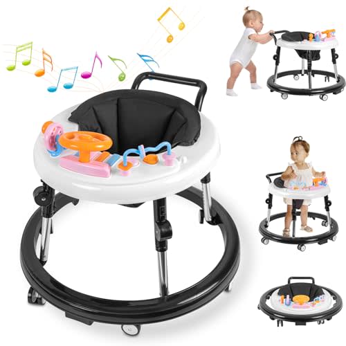 ErmeiRabbit Baby Walker Foldable, Baby Walkers and Activity Center for Boys Girls Babies 6-18 Months with Feeding Tray & Music, and 5 Adjustable Heights, Baby Walker with Wheels…