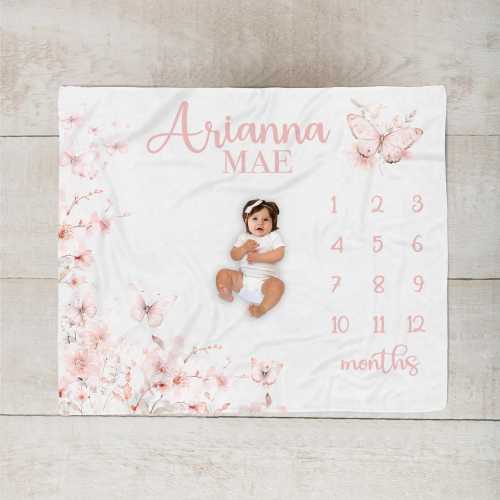 Baby Girl Wildflower Milestone Blanket, Blush Floral Butterfly Month Blanket, Personalized Girl Milestone Blanket, Baby Shower Gift, SM583