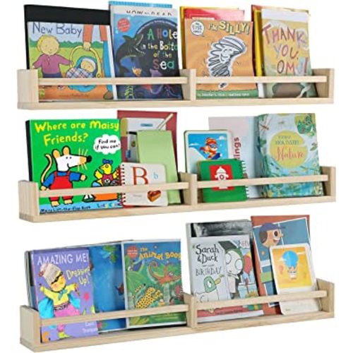 Nursery Bookshelves Wall Mounted,32inch,Set of 3, Wood Floating Wall Bookshelf for Kids,Natural Wood Color,Hanging Shelf for Baby Nursery Room Decor, Pine