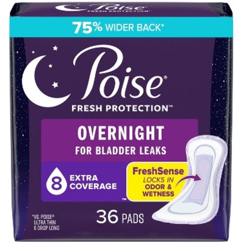 Poise Overnight Incontinence Pads for Women - Ultimate Extra Coverage - 8 Drop - Extra Coverage - 36ct