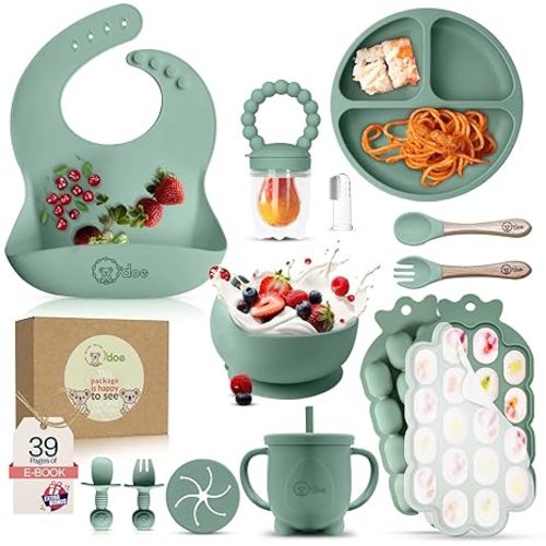 O'doe Baby Weaning Set – 15 Pcs Silicone Baby Feeding Set with Suction Plate, Bowl, Bib, Sippy Cup, Fruit Feeder, Freezer Tray