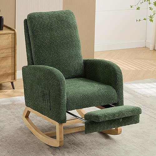 Nursery Rocking Chair with Foot Rest, Boucle Upholstered Glider Chair with Side Pocket, Comfy Rocker Accent Armchair, Modern High Back Rocking Chairs for Living Room, Bedroom, Green