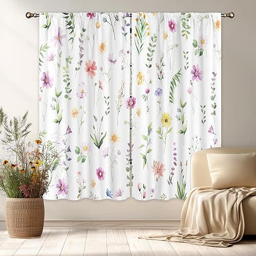 LIGHTINHOME Spring Floral Curtains 42Wx63H Inch Boho Watercolor Blooming Flowers Farmhouse Wildflower Botanical Plants Rod Pocket Girls Bedroom Living Room Window Drapes Treatment Fabric 2 Panels