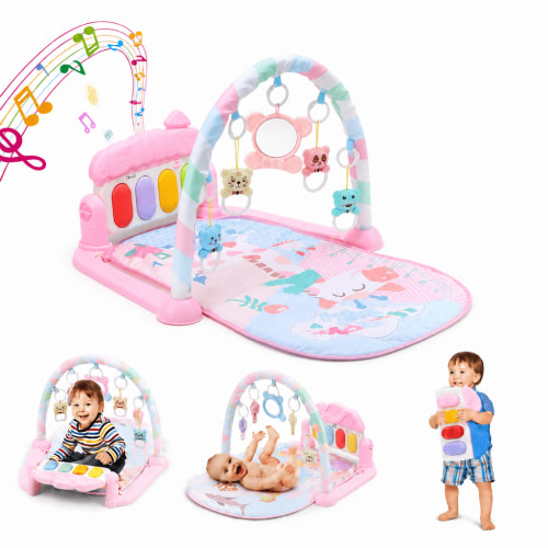 Lenbar Baby Play Mat Gym Pink, Foldable & Washable Infant Activity Playmat with Hanging Toys, Soft Padded Tummy Time Mat for Newborn to Toddler