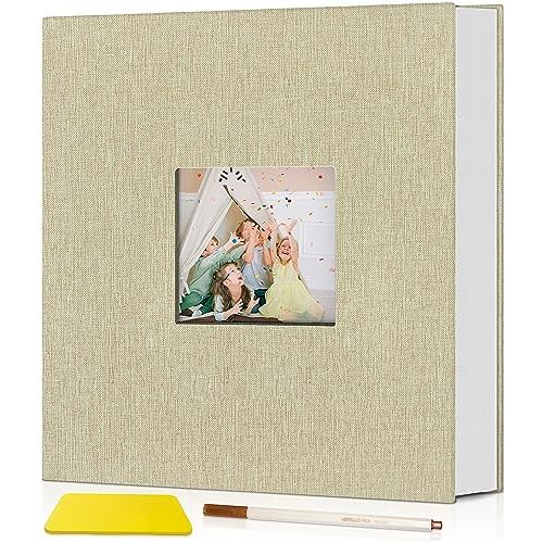 Popotop Photo Album Self Adhesive with Picture Display Window,40 Pages DIY Scrapbook Album for 4x6 8x10 Picture,Linen Cover Memory Book for Baby Wedding, with Scraper and Metallic Pen
