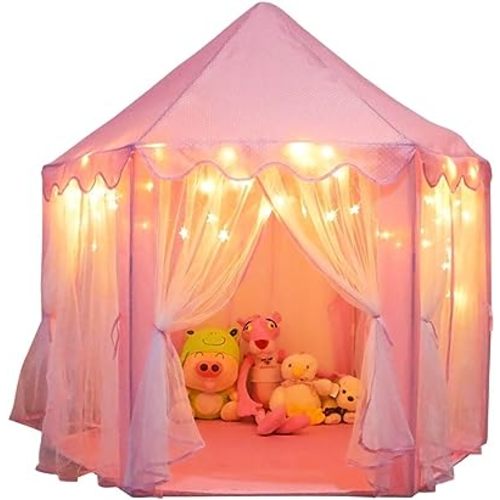 ORIAN Princess Castle Playhouse Tent for Girls with LED Star Lights – Indoor & Outdoor Large Kids Play Tent for Imaginative Games – ASTM Certified, 230 Polyester Taffeta. Pink 55"x53".