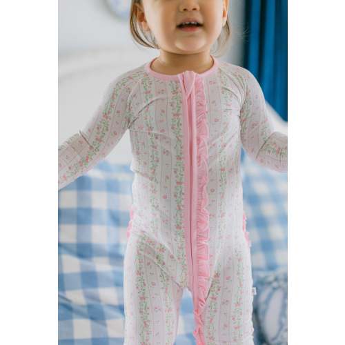 Pink Floral Bamboo Ruffle Romper I Poppy Kids Co