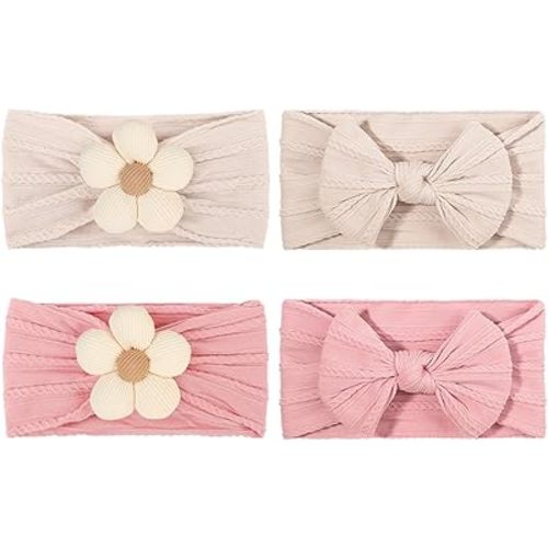 4 Pcs Baby Bow Headbands Flower Baby Girls Headband Nylon Stretchy Soft Hairbands Hair Accessories for Newborn Infant Toddlers Kids Preemie Essentials