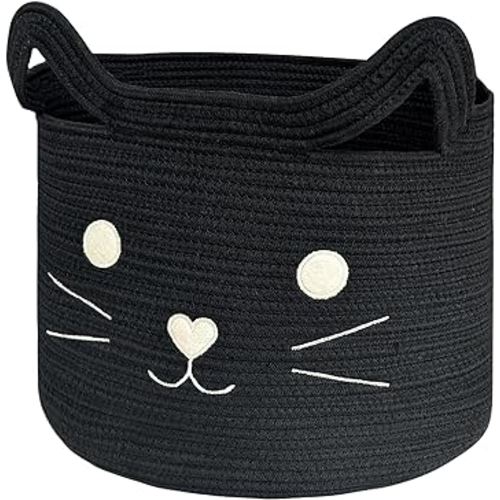 VK VK·LIVING Large Cat Toy Basket with Handles 15" Lx14 H Cotton Rope Toy Box with Black Cat Design, Gift Basket for Laundry, Baby, Towels, Blankets, Woven Cotton Rope Animal Storage Organizer