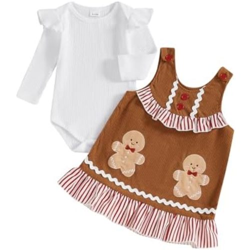 My First Christmas Baby Girl Outfit Ribbed Romper Gingerbread Man Suspender Dress Baby Christmas Overall Outfit