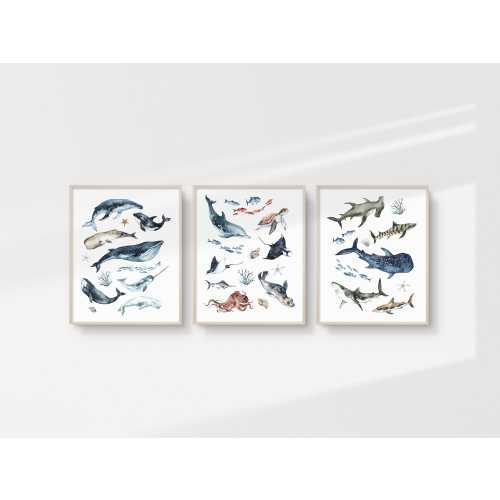 Sea Life Whales Sharks Printable Wall Art Set of 3, Watercolour Ocean Animals, Playroom Prints, Kids Room Art, BSLL23 | INSTANT DOWNLOAD