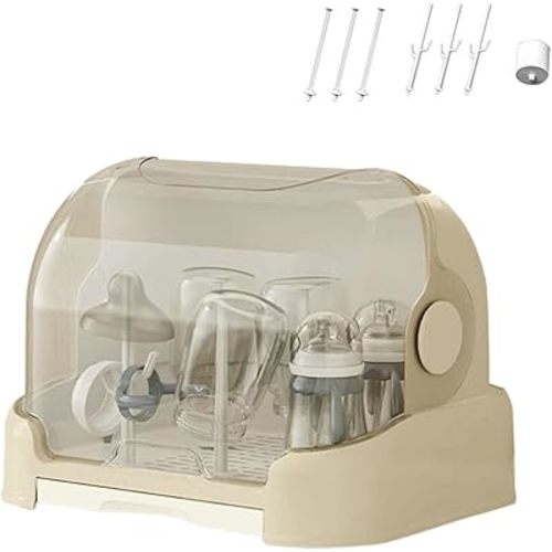 2025 Large Baby Bottle Organizer with Cover & Removable Drain Tray, Dustproof Portable Baby Bottle Drying Rack Reusable Bottle Rack Holder Storage (Beige)