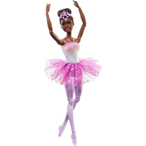 Barbie Dreamtopia Doll, Twinkle Lights Posable Ballerina with 5 Light-Up Shows, Sparkly Purple Tutu, Black Hair & Hair Accessory