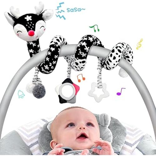 Car Seat Toys for Babies 0-6 Months, Baby Carseat Toys Hanging Black and White High Contrast Toy for Baby Spiral Activity Plush Toys, Stroller Toys for 0 3 6 9 12 Months Baby Ideal Gift