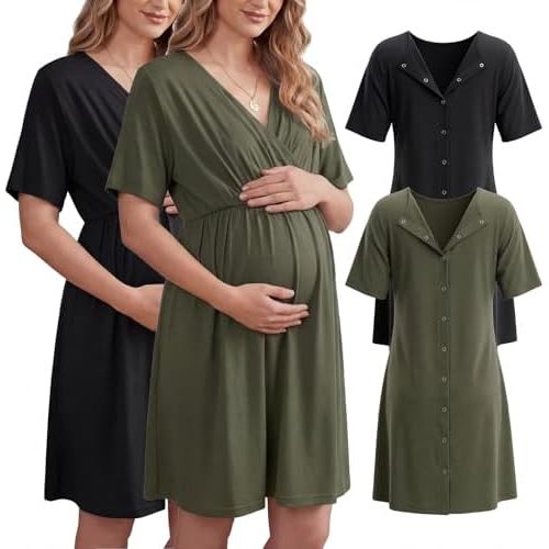 2 Pack Labor and Delivery Gown for Hospital Maternity Nursing Short Sleeve Gown Button Back Birth Recovery Sleepwear
