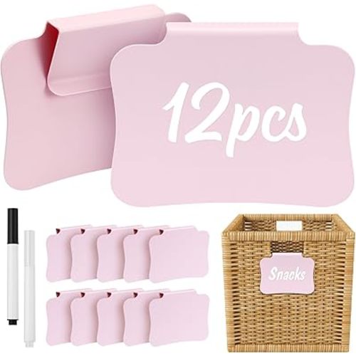 12PCS Basket Labels Clip On for Storage Bins, Removable & Erasable Bin Labels Clips On, Laundry Kitchen Pantry Labels for Organizing Baskets Cube Box (Pink)