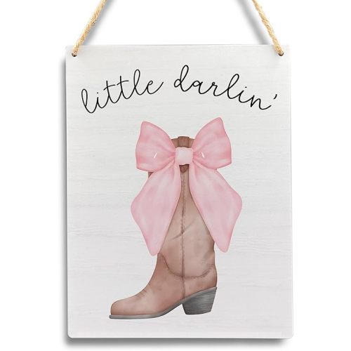 FHUGX Coquette Preppy Pink Cowgirl Hanging Signs, Little Darlin Bow Boots Signs, Western Girl Dorm Room Wall Decor, 7.9x10.2 Inches
