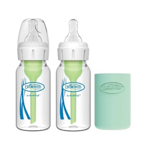 Dr. Brown's 4oz Anti-Colic Options+ Narrow Glass Baby Bottle with Level 1 Slow Flow Nipple & Silicone Sleeve - 2pk