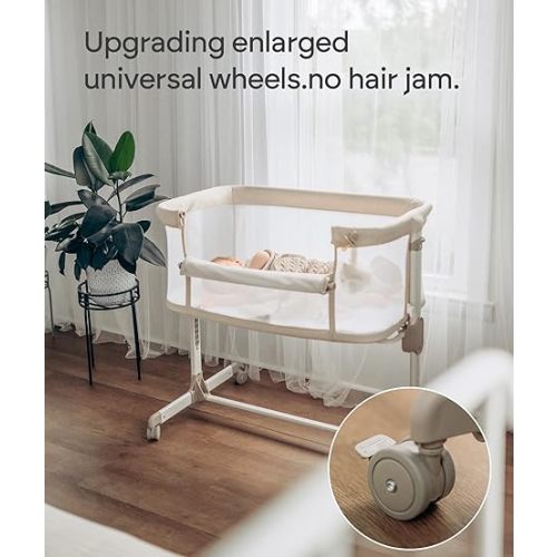 Fodoss Baby Bassinets Bedside Sleeper - All Mesh Bedside Bassinet with Wheels, 7 Height Adjustable Baby Bassinet for Infants, Beige