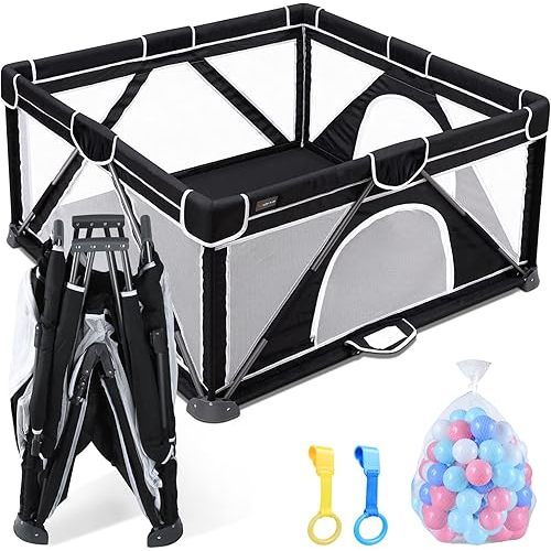 ANGELBLISS Baby Playpen, Foldable Playpen for Babies and Toddlers, Indoor & Outdoor Baby Activity Center with Visible Breathable Mesh, Portable Play Yard with 2 Handlers+50 Balls-50”×50”(Black)