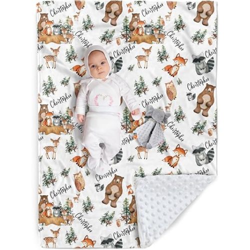Custom Baby Blanket - Personalized Name with Woodland Animals Design - Soft Plush Blanket with Double Layer Dotted Backing for Boys Girls Gift Color19