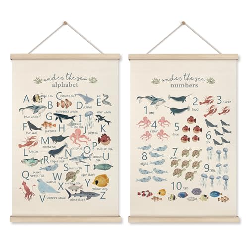 HRQKO Ocean Alphabet Poster Hanger Frame Set of 2, Ocean Nursery Decor, Sea Animal Wall Decor, ABC Poster Art with Wooden Frames, Alphabet Banner Wall Hanging Decor for Playroom Kids Room, 16x24 Inch