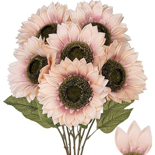 Large Silk Pink Sunflowers Artificial Flowers 26" Long Stem Artificial Sunflower 6 Pcs Tall Fake Sun Flowers Vintage Faux Sunflowers Bulk with Stem for Home Wedding Birthday Party Decor