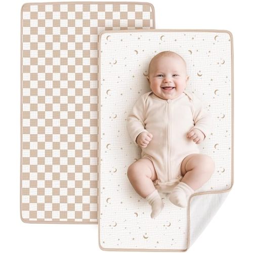 Konssy 2 Pack Waterproof Muslin Cotton Portable Changing Pad 30"x 17", Soft & Foldable Baby Changing Mat Travel Pad with Terry Backing, Shower Gift for Newborn Girls Boys (Coffee Check,Moon)