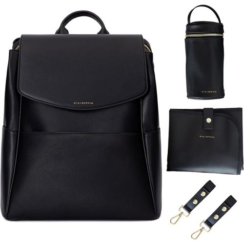 Mia + Sophia Leather Diaper Bag with USB Charging Port, Changing Pad, Stroller Straps, and Bottle Holder - Style: Olivia, Color: Black