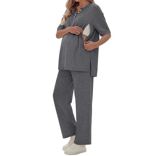 2 Piece Maternity Nursing Set Postpartum Breastfeeding Short Sleeve Zipper Shirts Wide Leg Pants Pregnancy Clothes