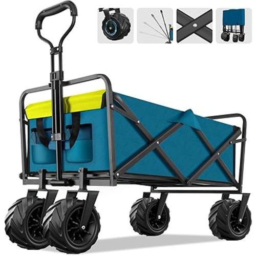 Knowlife Collapsible Wagon with Big Wheels for Sand, Cart with Retractable Handle, Utility Wagon Cart Heavy Duty for Beach Shopping Sports, Blue