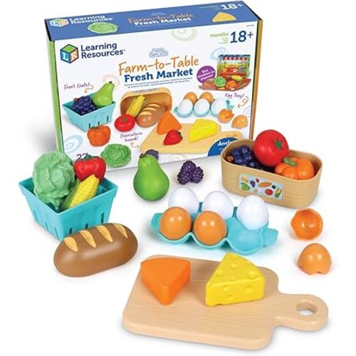 Learning Resources New Sprouts Farm-to-Table Fresh Market, 27 Pieces, Ages 18 Months+, Play Food for Kids Kicthens, Grocery Store Pretend Play, Play Kitchen Accessories