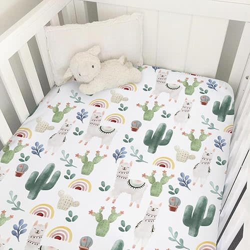 Funny Llama Cactus Leaves Rainbow Baby Crib Sheets 52''x28'' Cute Llama Fitted Crib Mattress Cover for Boy Girl Desert Animal Nursery Baby Bed Sheet Fits Standard Crib and Toddler Mattresses