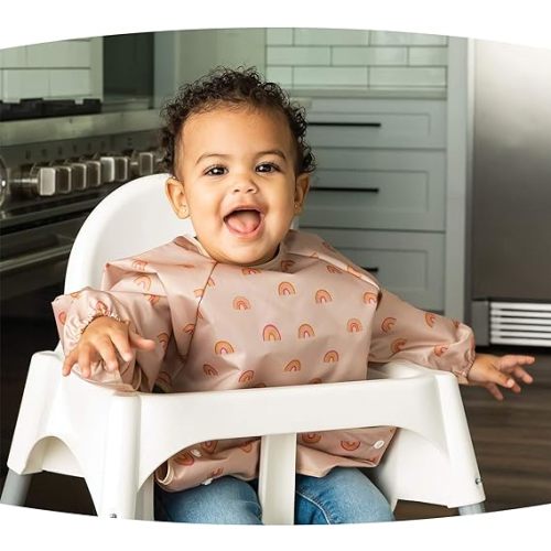 Tiny Twinkle Mess Proof Baby Bib, Full Sleeve Bib Outfit, Waterproof Bib for Toddlers, Machine Washable, Tug Proof Closure - Small 6-24 Months - Boho Rainbow