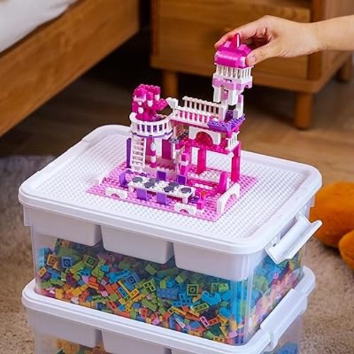 Citylife 17 QT Plastic Storage Box with Building Baseplate Lid and Removable Tray Craft Organizers and Storage Clear Storage Container for Organizing Bead, Tool, Sewing