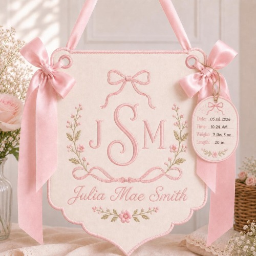 Personalized Embroidered Baby Name Banner, Floral Monogram Nursery Wall Hanging