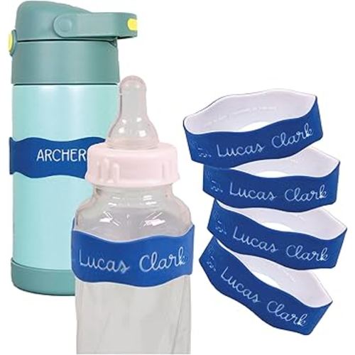 InchBug Orbit Labels Baby Bottle and Water Bottle Silicone Name Bands – Personalized Reusable Label Set for Daycare, Sippy Cups, Preschool, Elementary School, Dishwasher Safe, 4-Pack (Nautical Navy)