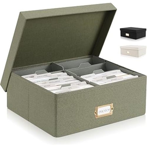 ZICOTO Decorative Photo Storage Box - Sturdy Linen Photo Organizer with Dividers is Perfect to Store Up to 1700 Pictures and 4x6 Photos - Portable Scrapbook Storage Containers with Lid