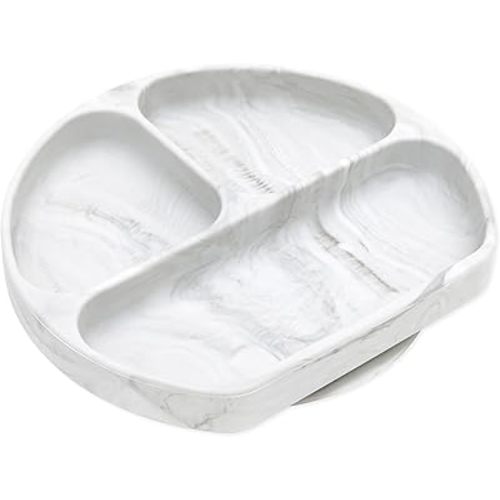 Bumkins Toddler and Baby Suction Plate, Divided Grip Dish for Babies and Kids, Baby Led Weaning, Feeding Supplies, Sticks to Tables and Highchairs, Platinum Silicone, for Chidren 6 Months, Marble