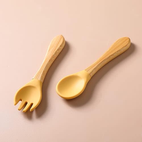 Mamimami Home Baby Feeding Spoon, Bamboo Wood and Silicone Baby Fork and Spoon - Soft Curved Silicone Tip Spoons - Suitable for Baby and Toddlers Forked Spoone(Yellow)