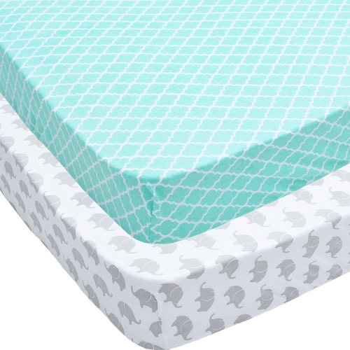 Crib Sheets, 2 Pack Mint Quatrefoil & Elephants Fitted Soft Jersey Cotton Cover