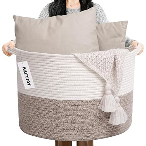 Large Blanket Basket for Organizing,65L Closet Organizers and Storage Bins Box for Shelves Woven Rope Storage Baskets,Living Room,Bedroom,Dorm,Laundry room (White&Brown)