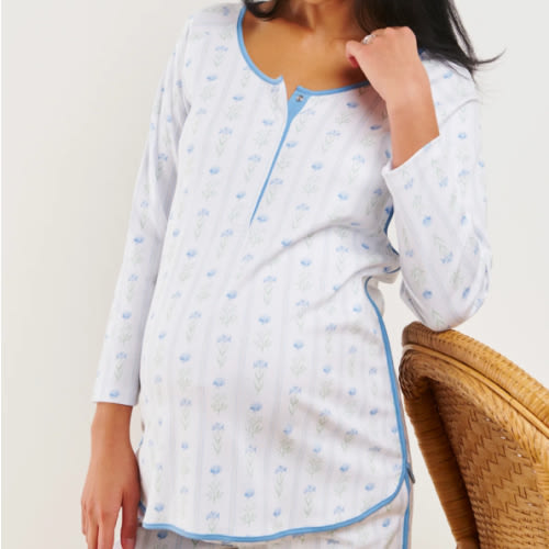 LAKE | Women | Pima Cotton Pajamas | Serene Blue Watercolor Stems Maternity Long Long Set