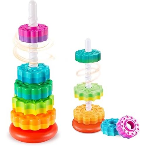 Baby Spinning Stacking Toys Sensory Toys for Toddlers 1-3, Rainbow Ring Spin Montessori Toys for Babies 6-12 Months, Autism Learning Toy for 1 2 3 One Year Old Girl Boy Christmas Birthday Gifts