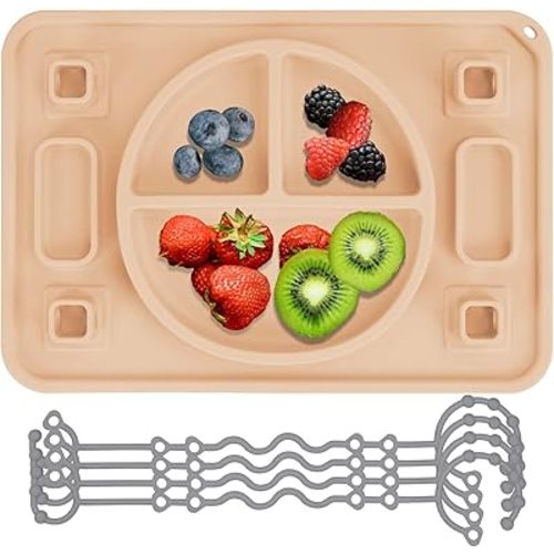 Platinum Food Grade Silicone Plates with Strong Suction for Baby & Toddlers, Baby Placemats with 4 Toy Straps to Secure Baby Essentials, Baby Led Weaning, Self Feeding, Dishwasher Safe (Khaki)